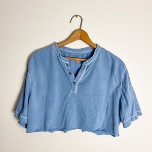 Medium Crop Top Blue Button Down Loose Fitting Casual